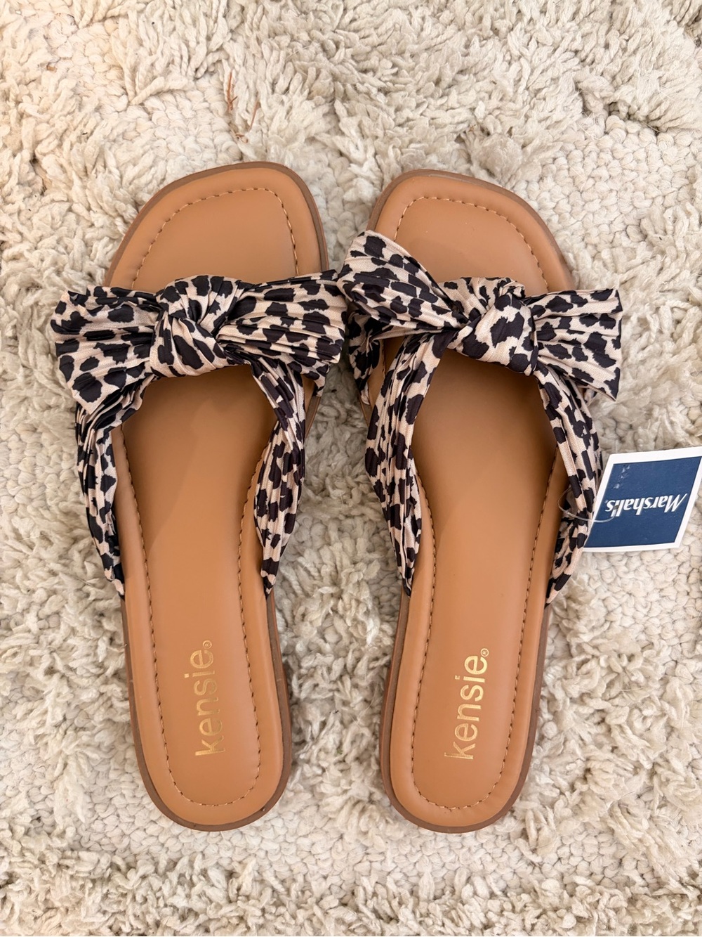 Kensie Leopard Bow Slide Sandals in Tan and Black